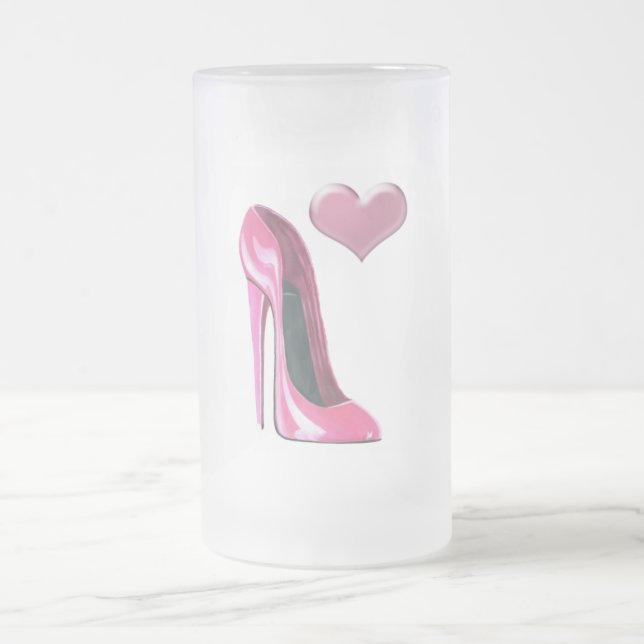 Pink Heart and Stiletto Shoe High Heel Art Frosted Glass Beer Mug (Center)