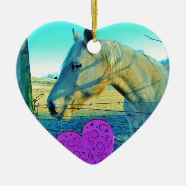Pink Heart and Yellow Horse Ceramic Tree Decoration (Front)