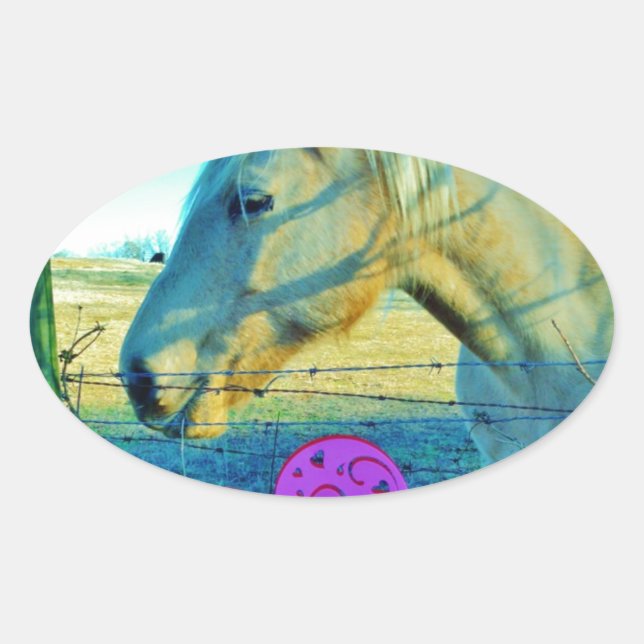 Pink Heart and Yellow Horse Oval Sticker (Front)