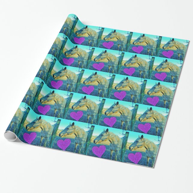 Pink Heart and Yellow Horse Wrapping Paper (Unrolled)