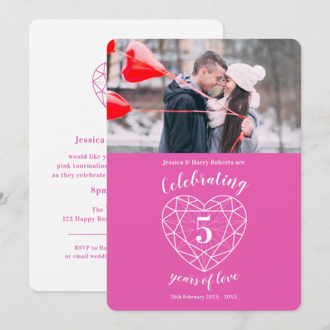 Pink heart anniversary 5 years photo invitations (Front/Back)