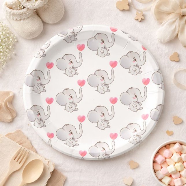 Pink Heart Baby Elephant Paper Plate (Creator Uploaded)
