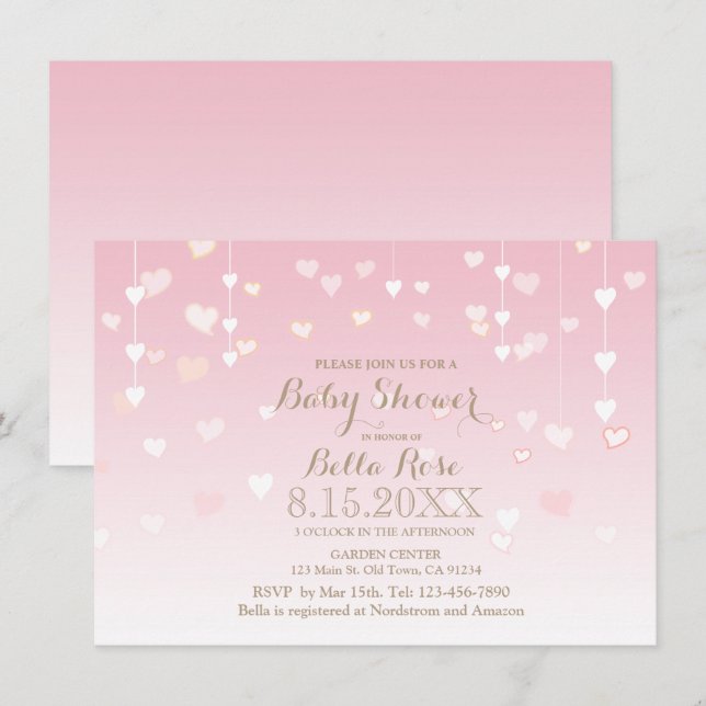 Pink heart baby girl baby shower invitations (Front/Back)