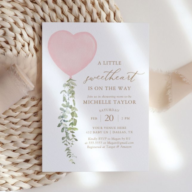 Pink Heart Balloon Eucalyptus Baby Shower Invitation (Creator Uploaded)