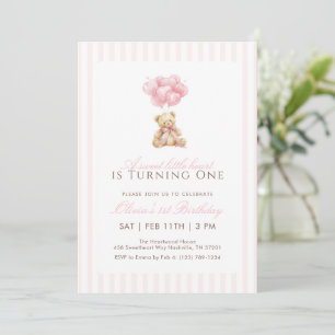 Pink Heart Balloon Teddy Bear 1st Birthday Invitation