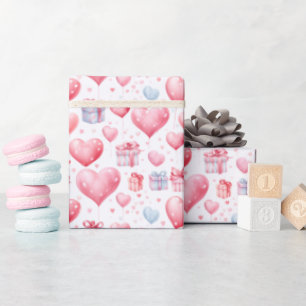 Pink Heart Balloons and Gift Boxes Watercolor Wrapping Paper