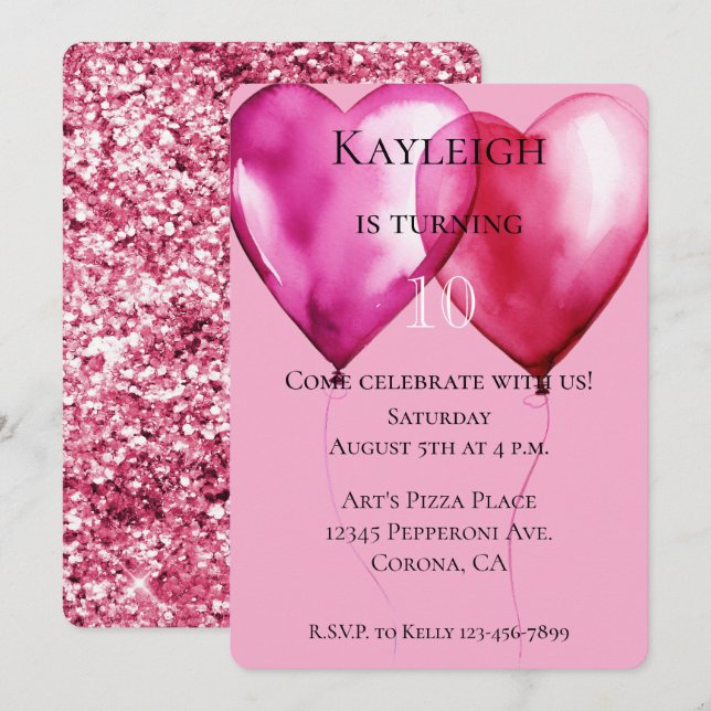Pink Heart Balloons Birthday Invitation (Front/Back)