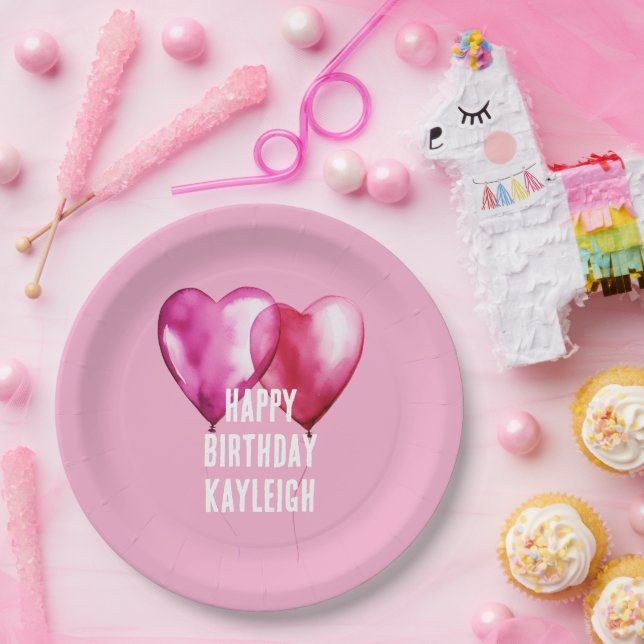 Pink Heart Balloons Birthday Paper Plate (Party)