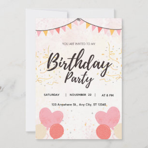 Pink Heart Balloons Birthday Party Invitation