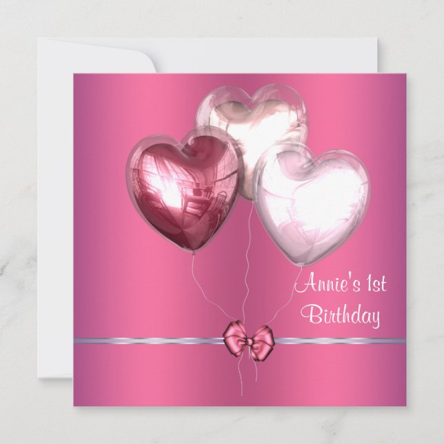 Pink Heart Balloons Girls 1st Birthday Party Invitation (Front)