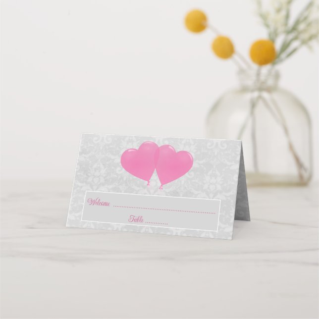 Pink Heart Balloons Reception Place Card (Front)