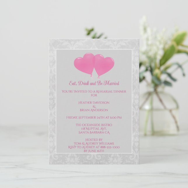 Pink Heart Balloons Rehearsal Dinner Invitation (Standing Front)