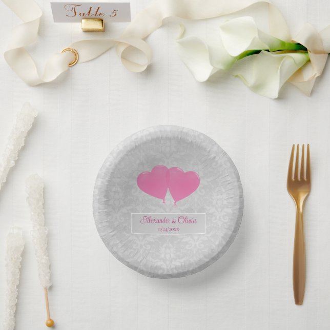 Pink Heart Balloons Wedding Paper Bowls Paper Plate (Wedding)