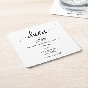 Pink Heart Black Calligraphy Baby Shower Mocktail Square Paper Coaster