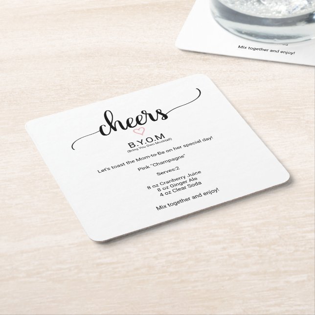 Pink Heart Black Calligraphy Baby Shower Mocktail Square Paper Coaster (Angled)