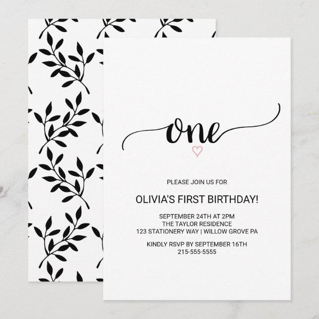 Pink Heart | Black Calligraphy First Birthday Invitation (Front/Back)