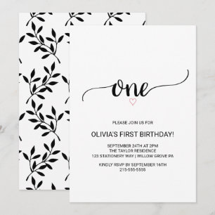 Pink Heart Black Calligraphy First Birthday Invitation