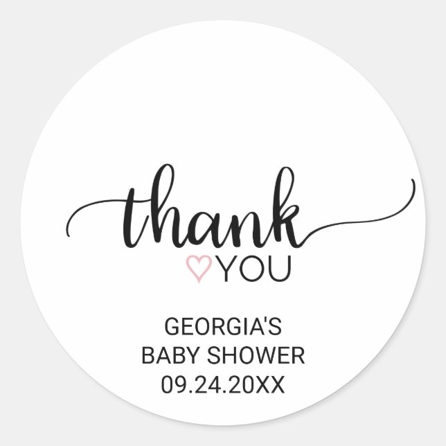 Pink Heart | Black Calligraphy Thank You Favour Classic Round Sticker (Front)