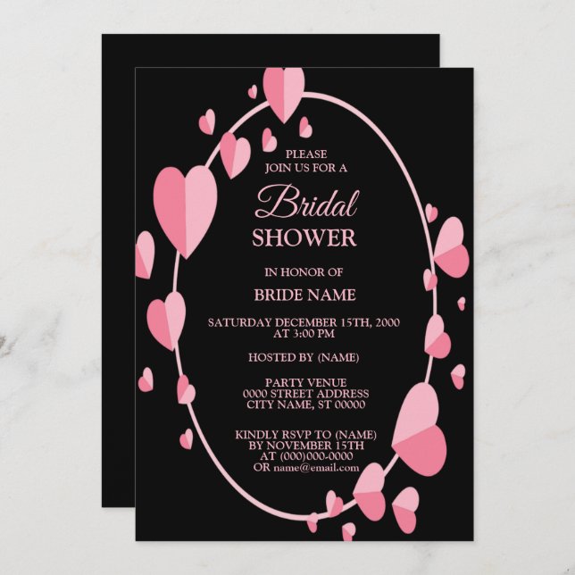 Pink Heart Black Geometric Bridal Shower Party Invitation (Front/Back)