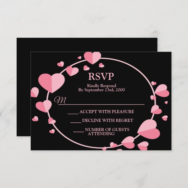 Pink Heart Black Geometric Wedding Party Elegant RSVP Card (Front/Back)