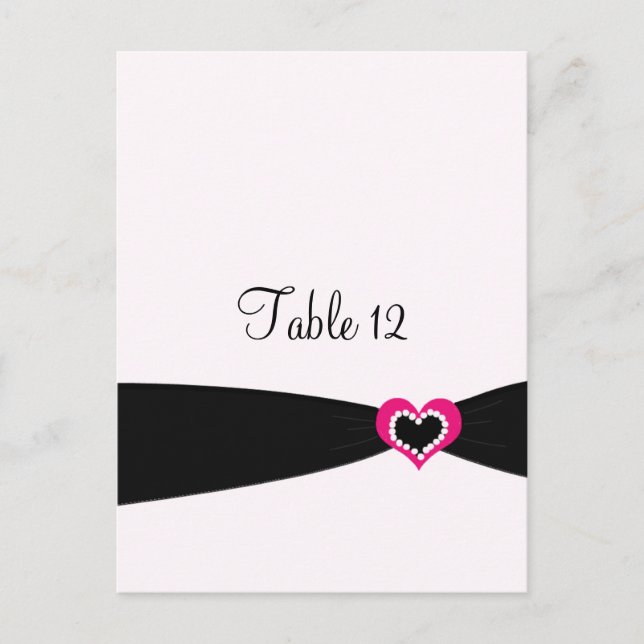 Pink Heart Black Ribbon Table Seating Card (Front)