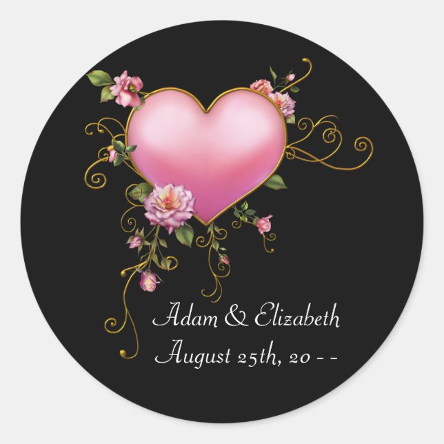 Pink Heart Black Wedding Favour Label Stickers (Front)