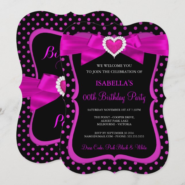 Pink Heart Bow Black Polka Dots Birthday Party Invitation (Front/Back)