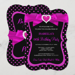 Pink Heart Bow Black Polka Dots Birthday Party Invitation