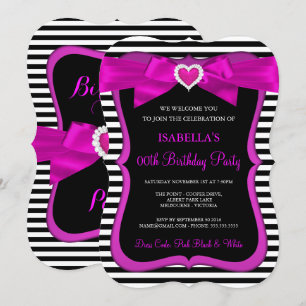 Pink Heart Bow Black White Stripe Birthday Party Invitation