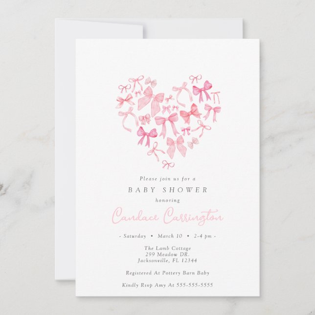 Pink Heart Bow Custom Baby Shower Invitation (Front)