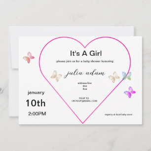 Pink Heart Butterfly girl baby shower Invitation