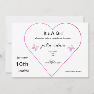 Pink Heart Butterfly girl baby shower Invitation