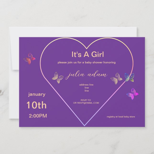 Pink Heart Butterfly girl baby shower Invitation (Front)