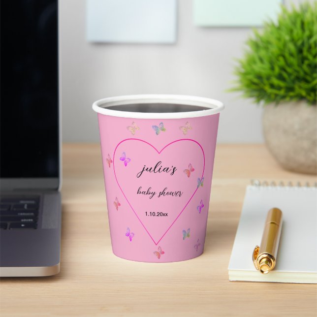 Pink Heart Butterfly girl baby shower  Paper Cups (Insitu)