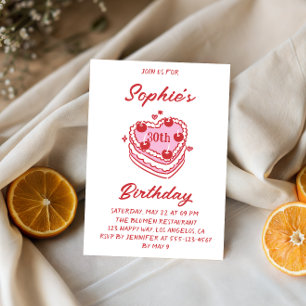 Pink Heart Cake Illustration Adult Birthday Party Invitation