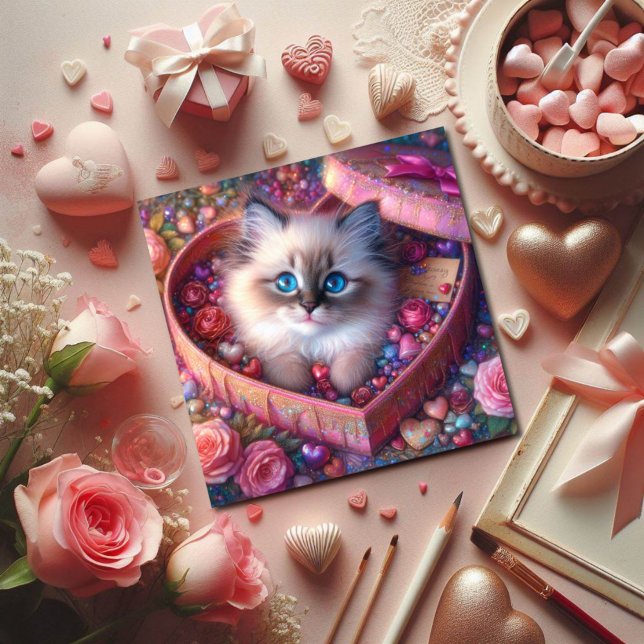Pink Heart Candy Box Ragdoll Kitten Valentine  Holiday Card (Creator Uploaded)