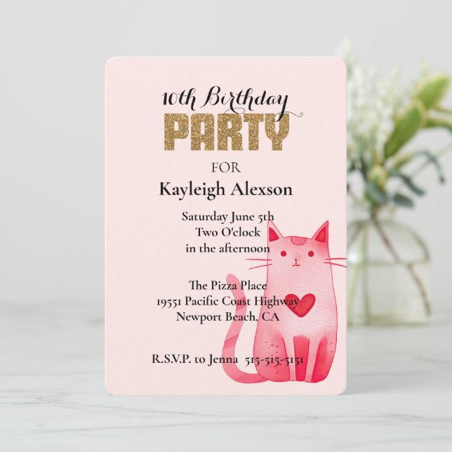 Pink Heart Cat Gold Glitter Birthday Invitation (Standing Front)