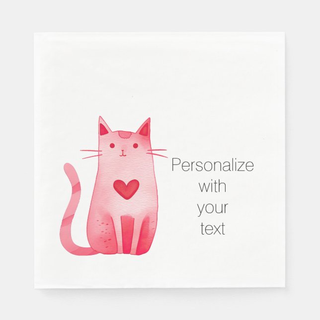 Pink Heart Cat Personalised Napkin (Front)