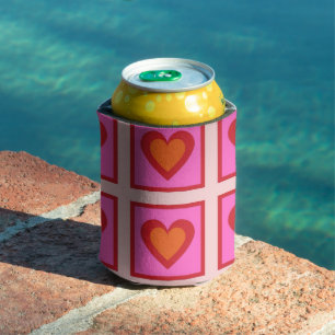 Pink Heart Chequerboard Retro Checks  Can Cooler