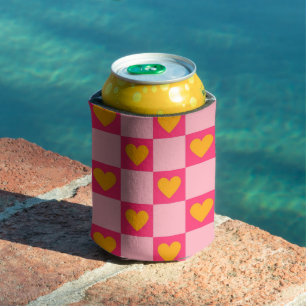 Pink Heart Chequerboard Retro Checks  Can Cooler