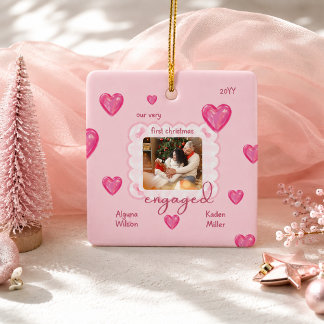 Pink Heart Chequered First Christmas Engaged Photo Ceramic Ornament