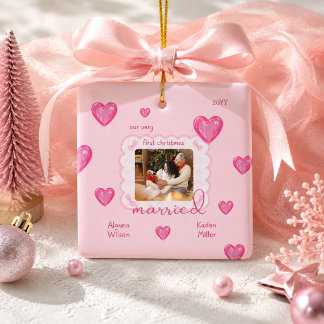 Pink Heart Chequered First Christmas Married Photo Ceramic Ornament