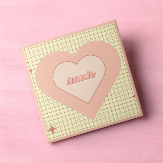 Pink Heart Chequered Pattern Valentine's Day Tile (Pink Heart Checkered Pattern Valentine's Day Ceramic Tile)