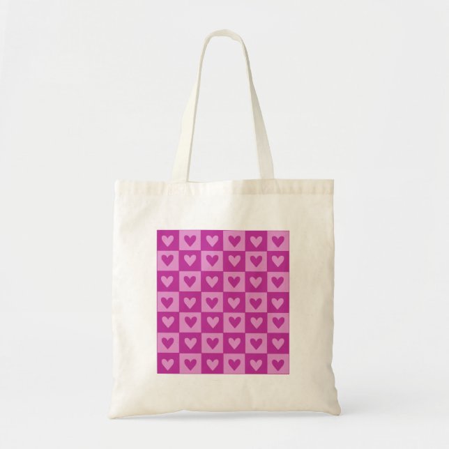 Pink heart chequered tote bag. (Front)