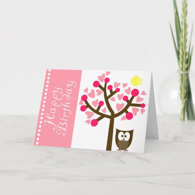 Pink Heart Cherry Blossom Owl Birthday Card (Front)