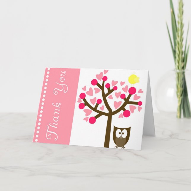 Pink Heart Cherry Blossom Owl Thank You Card (Front)