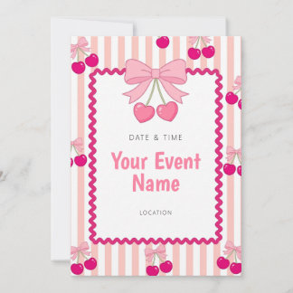 Pink Heart Cherry Scalloped Frame Stripe Invitation