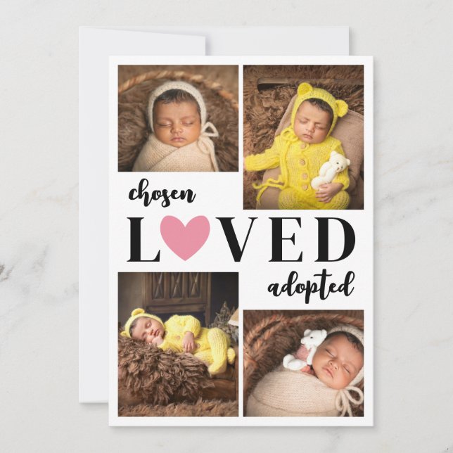 Pink Heart Chosen Loved Adopted Photo Collage Announcement (Front)