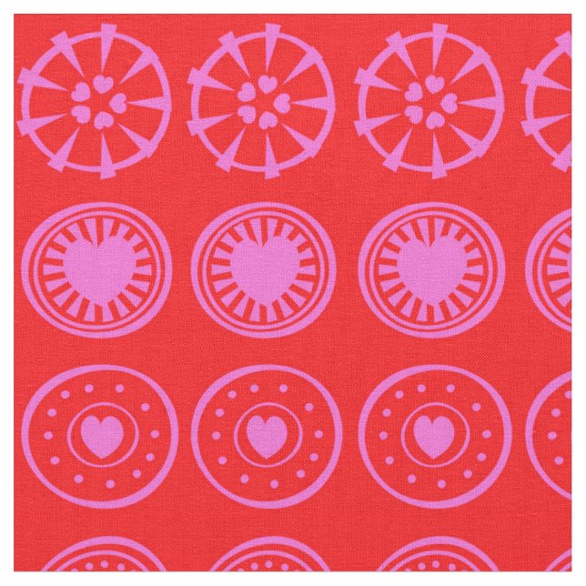 Pink Heart Circles on Red Background Fabric (Close Up)
