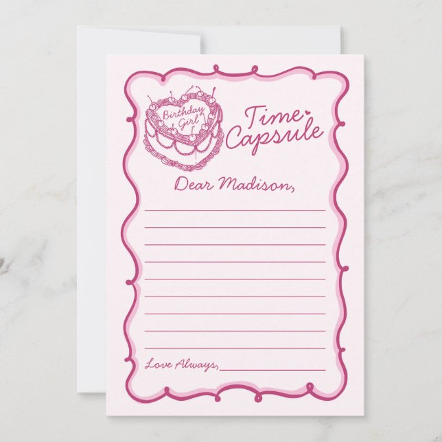 Pink Heart Coquette Cherry Cake Time Capsule Invitation (Front)